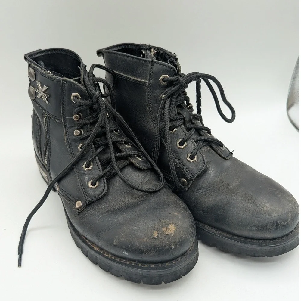 Xelement Mens Black Leather Biker Boots Side Zip Lace Up Oil Resistant Size 10M